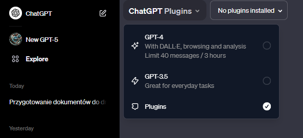Aby włączyć wtyczki ChatGPT, musisz wpierw uruchomić model AI z obsługą pluginów. 