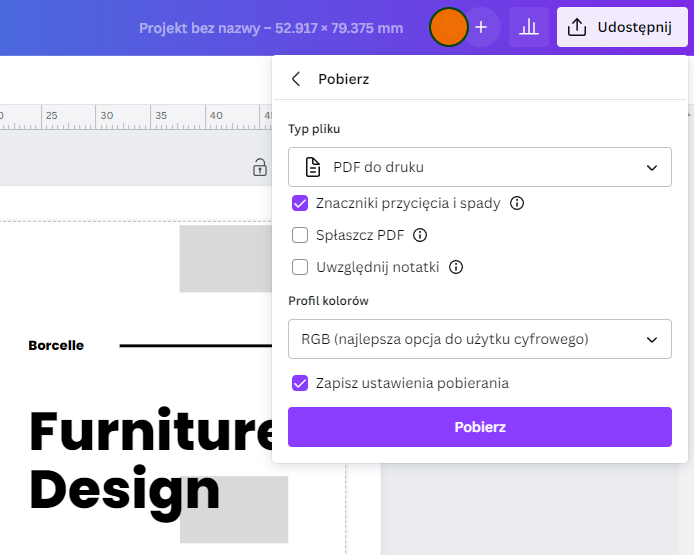 Eksport projektu z Canva jako PDF do druku ze spadami. 