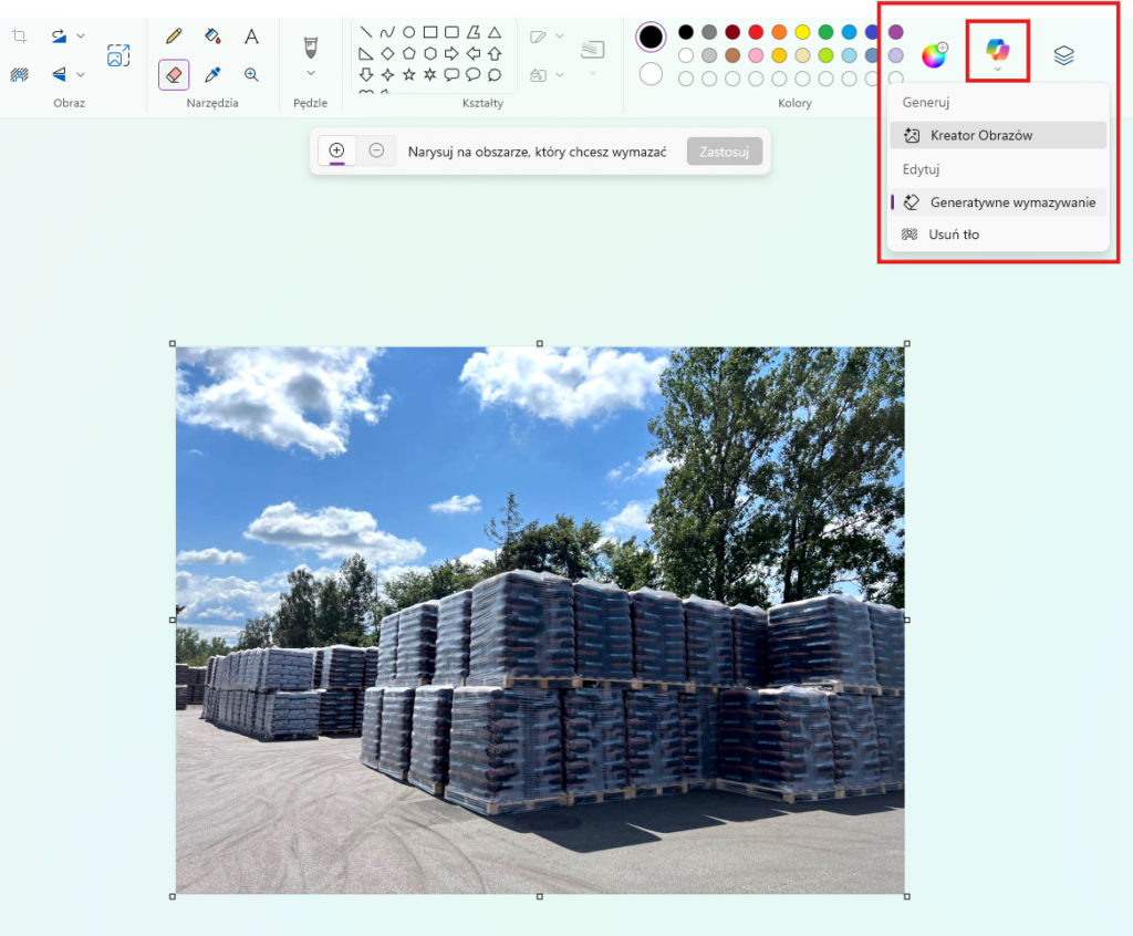 Menu Copilot w Paint z opcjami Kreator obrazów, Generatywne wymazywanie i Usuń tło