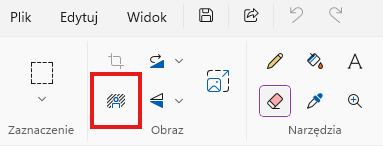 Przycisk Usuń tło w programie Paint w Windows 11 zaznaczony na pasku narzędzi