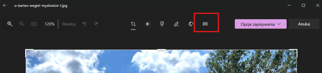 Przycisk edycji tła zaznaczony w górnym pasku aplikacji Zdjęcia Microsoft